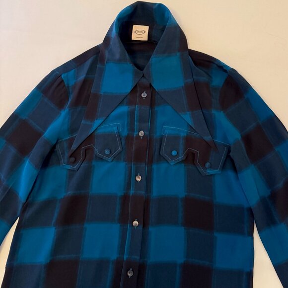 Tod's Button-Down Elaborate Collar Shirt | Blue & Black Plaid | Size IT 38 US 4 - Picture 7 of 10